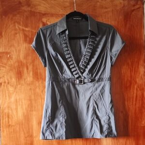 Express Gray Blouse with Ruffled Notched Collar and Cuffed Sleeves